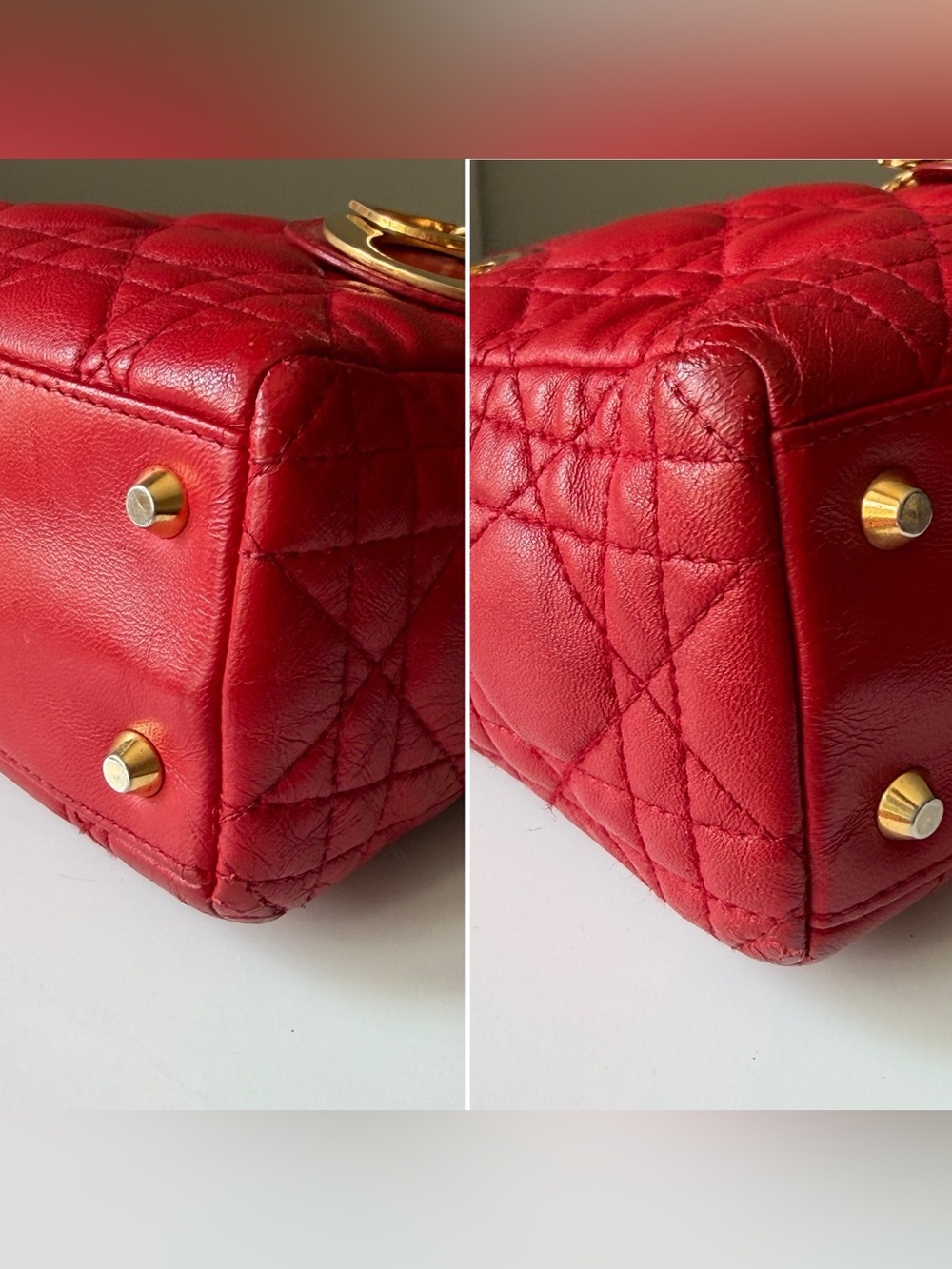 Christian Dior Lady Dior Mini Cannage Lambskin Bag Red Gold Hardware w/ Strap - Picture 5 of 13